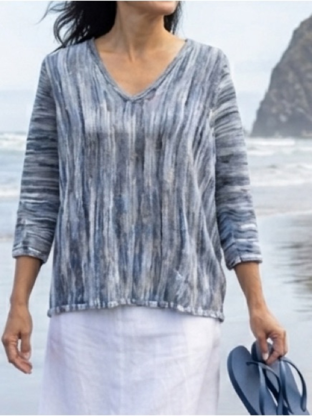 Pure Jill Blue White Dye V-Neck Cotton Knit Top Coastal Nautical Basic Boho